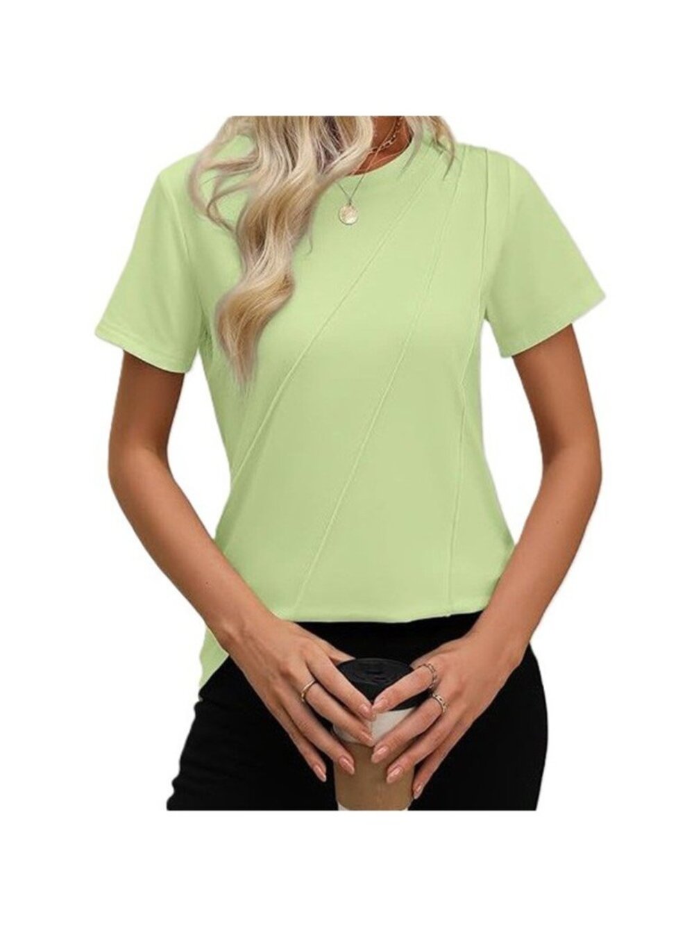 Women's Short Sleeve Top Pleated Crewneck T Shirt Light Green 3XL